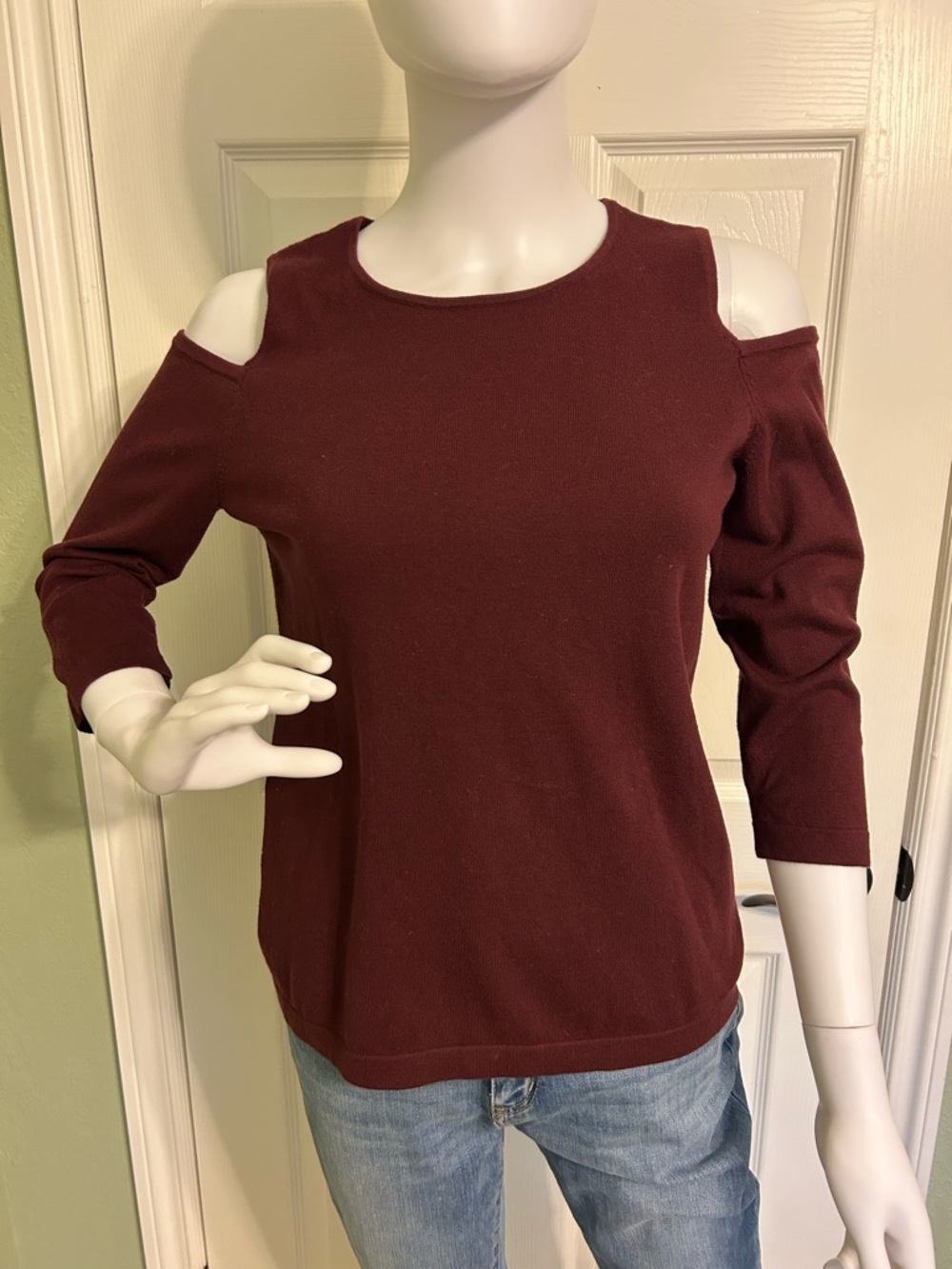 Ann Taylor Factory Burgundy Cold Shoulder Knit Top with Crewneck